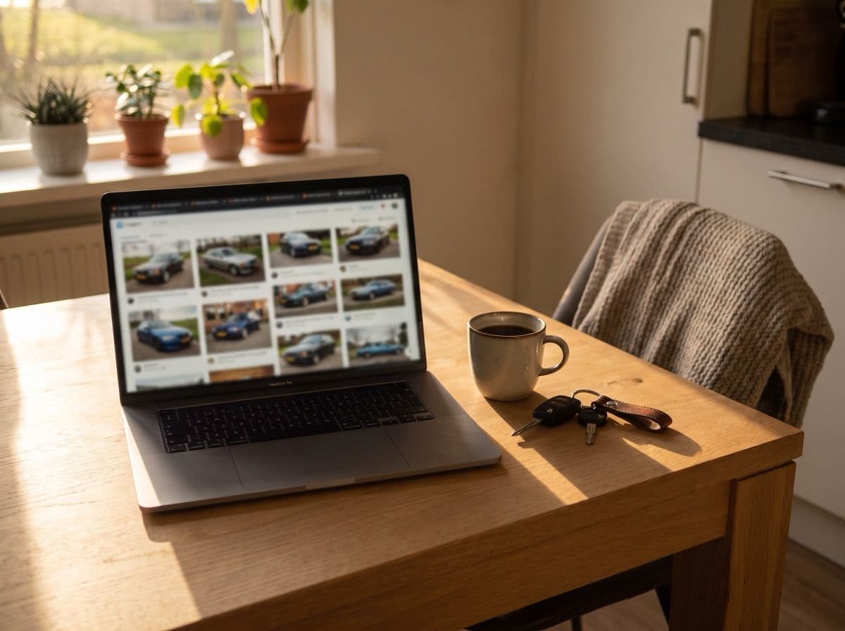 Laptop met autoadvertenties op een keukentafel bij avondlicht