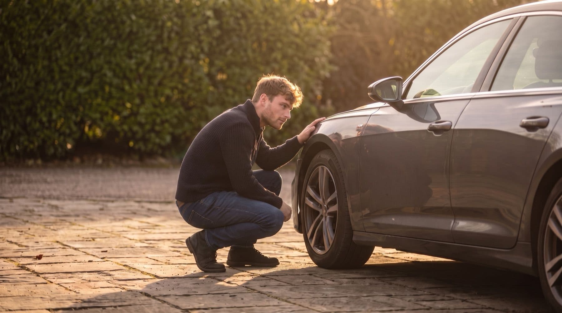 Filip van IMPORTIQ kijkt gehurkt de flank van een geïmporteerde auto na bij avondlicht