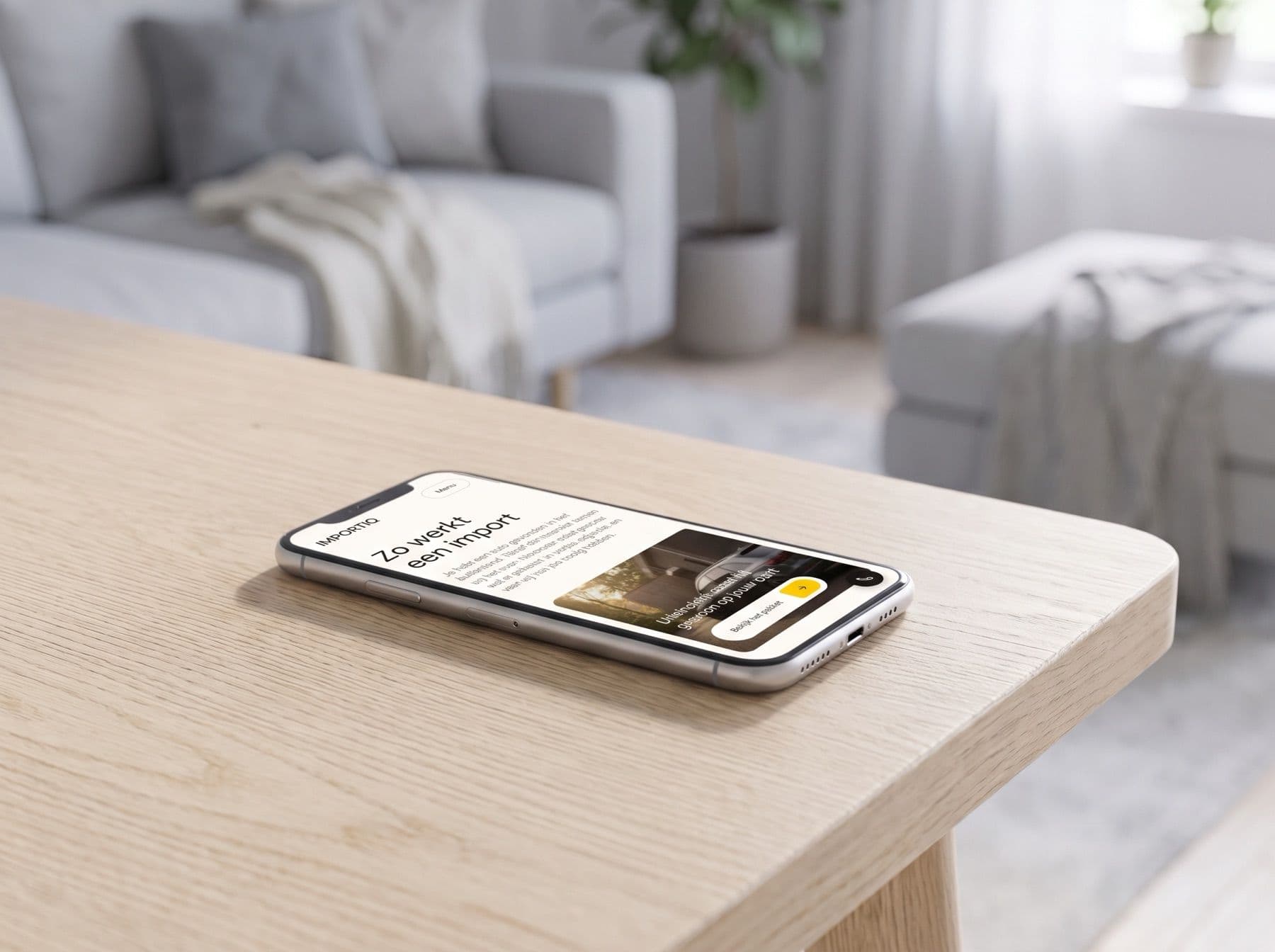 Telefoon op een woonkamertafel met de site van IMPORTIQ op het scherm