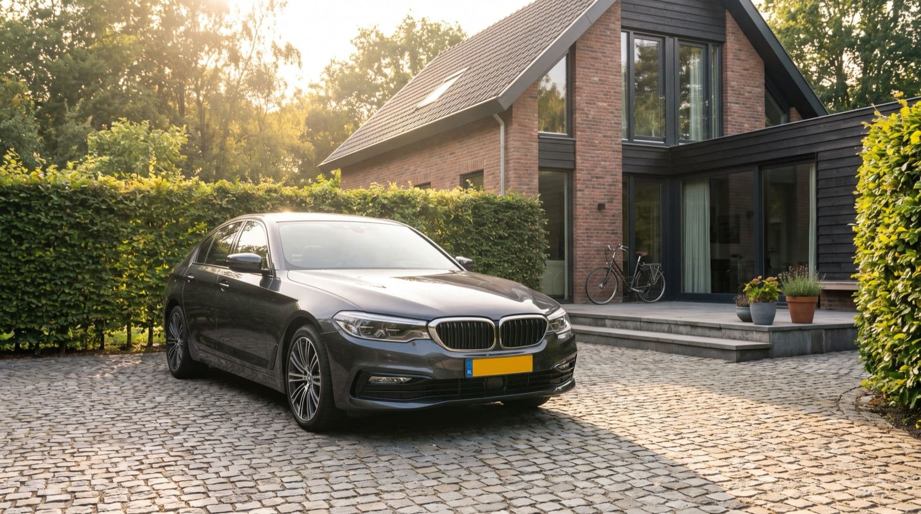 Geïmporteerde auto met Nederlands kenteken op een oprit